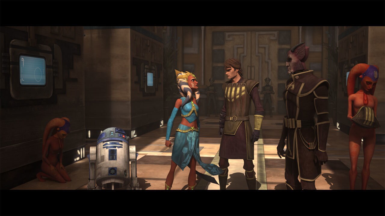 In a show of goodwill to the Queen, Lars presents her a gift -- Ahsoka, a slave plucked from Brun...