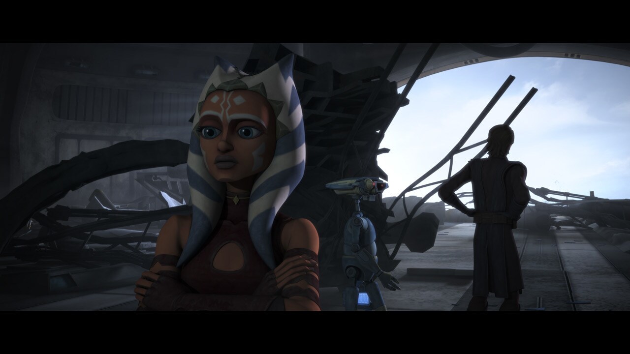 Anakin and Ahsoka enter the smoldering wreckage of the Jedi Temple hangar where forensic droids a...