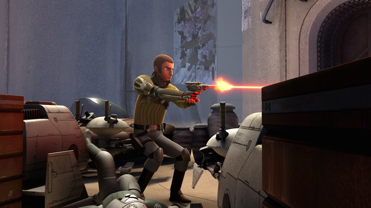 Kanan Jarrus wielding a blaster