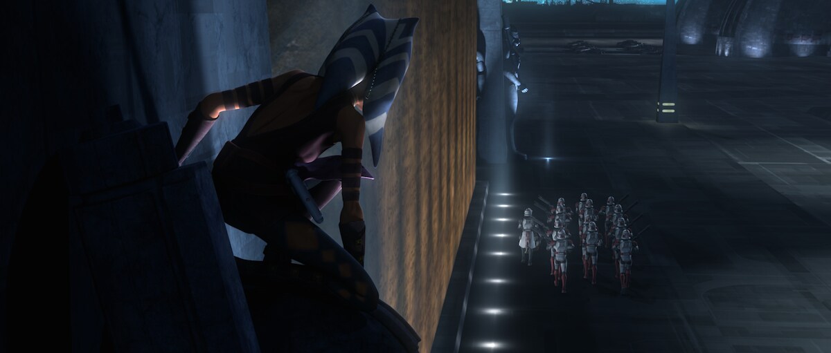 Ahsoka Tano fleeing from law enforcement in the Republic military base on Coruscant