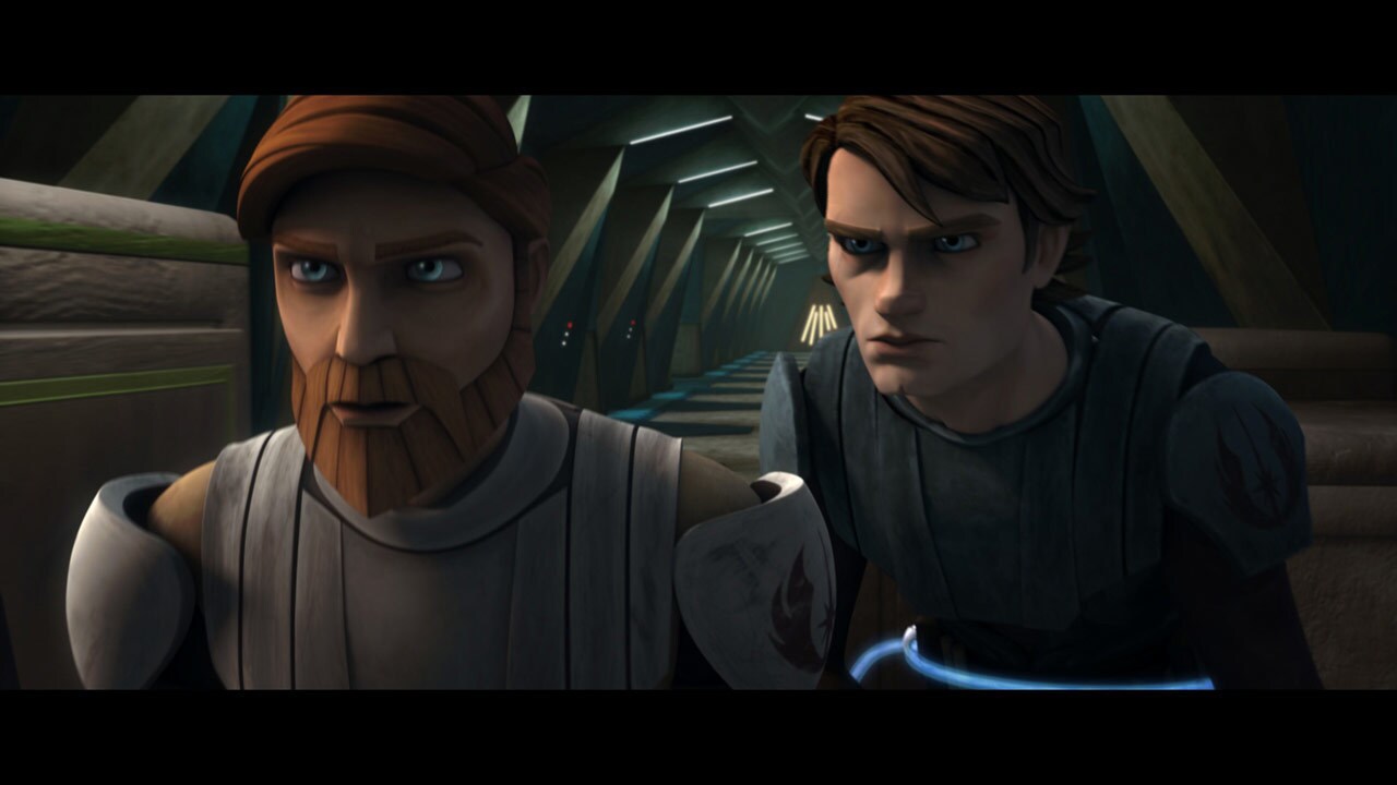 Dooku, Obi-Wan and Anakin sneak through the pirate compound, having to stay close due to their sh...