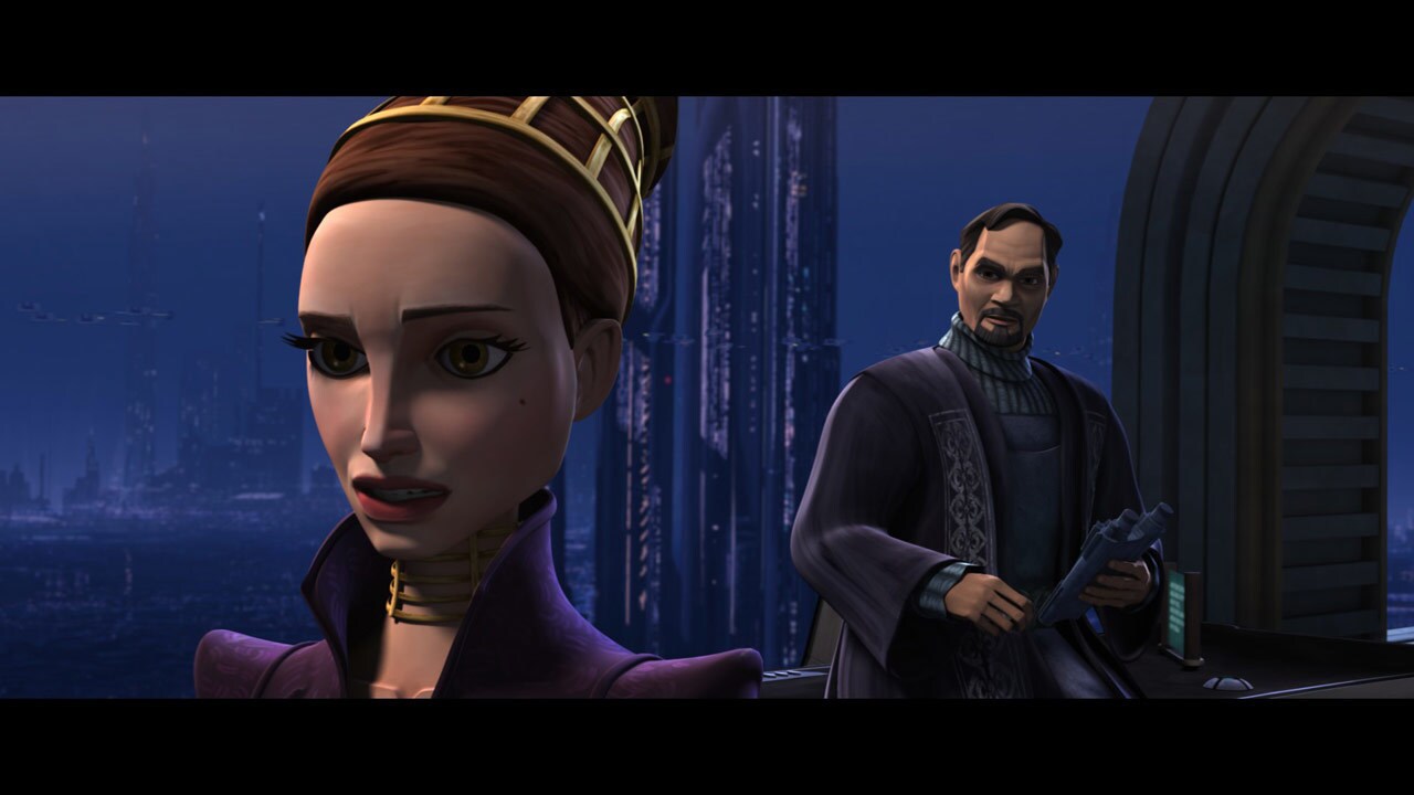 Padmé shares the loan information with Senator Organa, suggesting the interest alone could bankru...