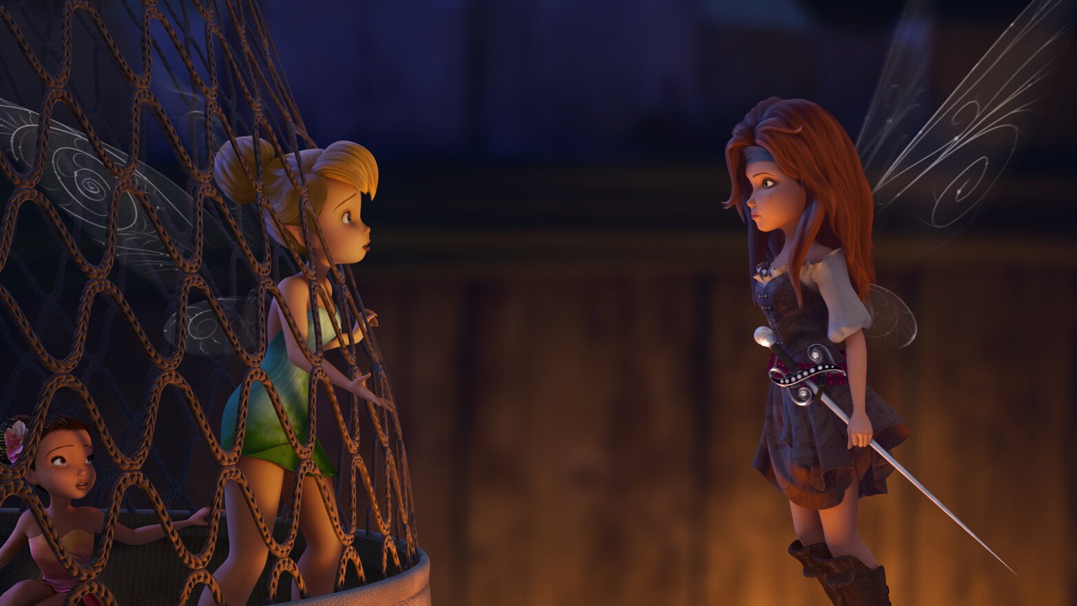 Zarina and Tinker Bell meet face-to-face on the pirate ship.