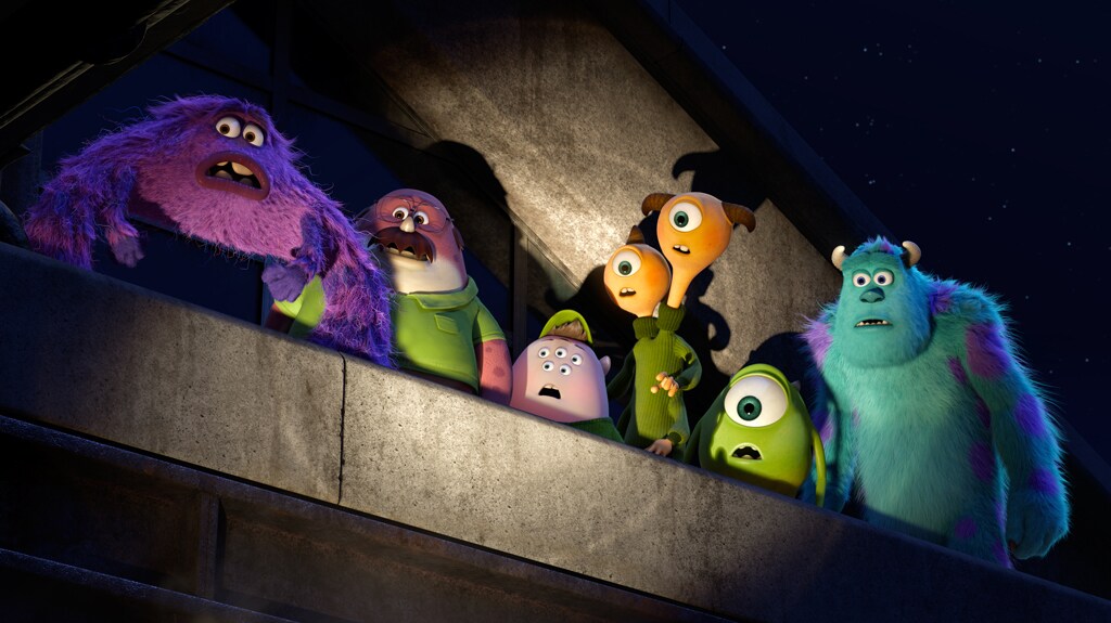 Mike, Sully and  members of the Oozma Kappa fraternity get caught in the headlights. From the movie "Monsters University"