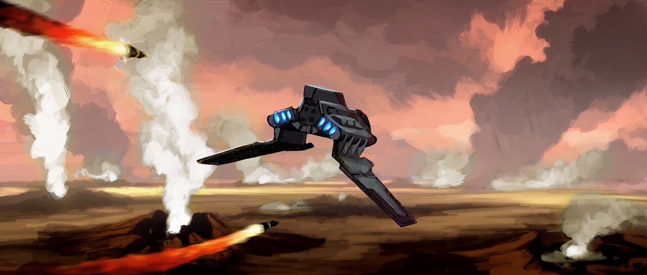 Concept art of the Republic shuttle under fire by Weequay pirates
