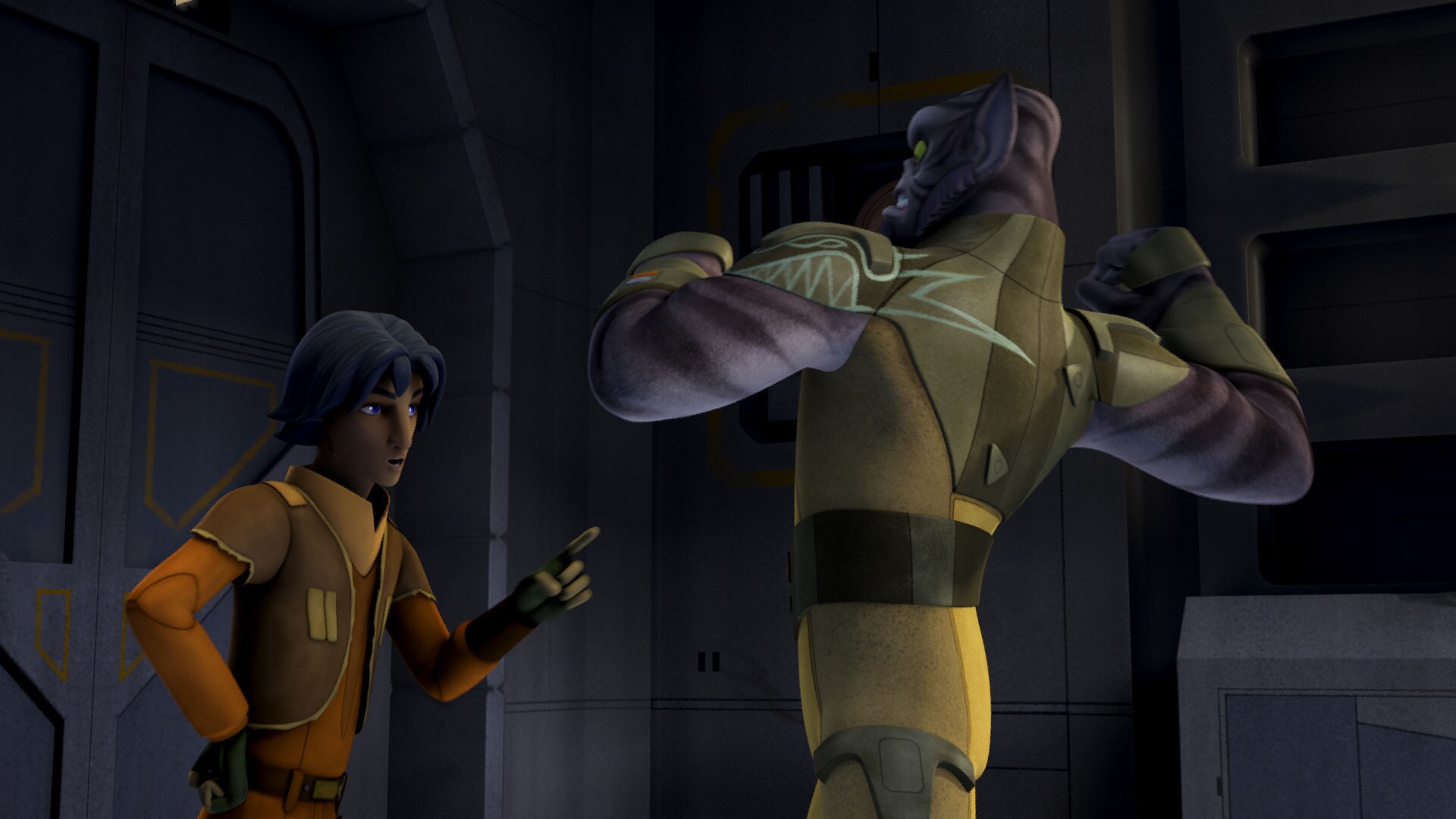 Ezra chases Chopper into his quarters, and the droid shoots a surprise electric charge in Ezra's ...