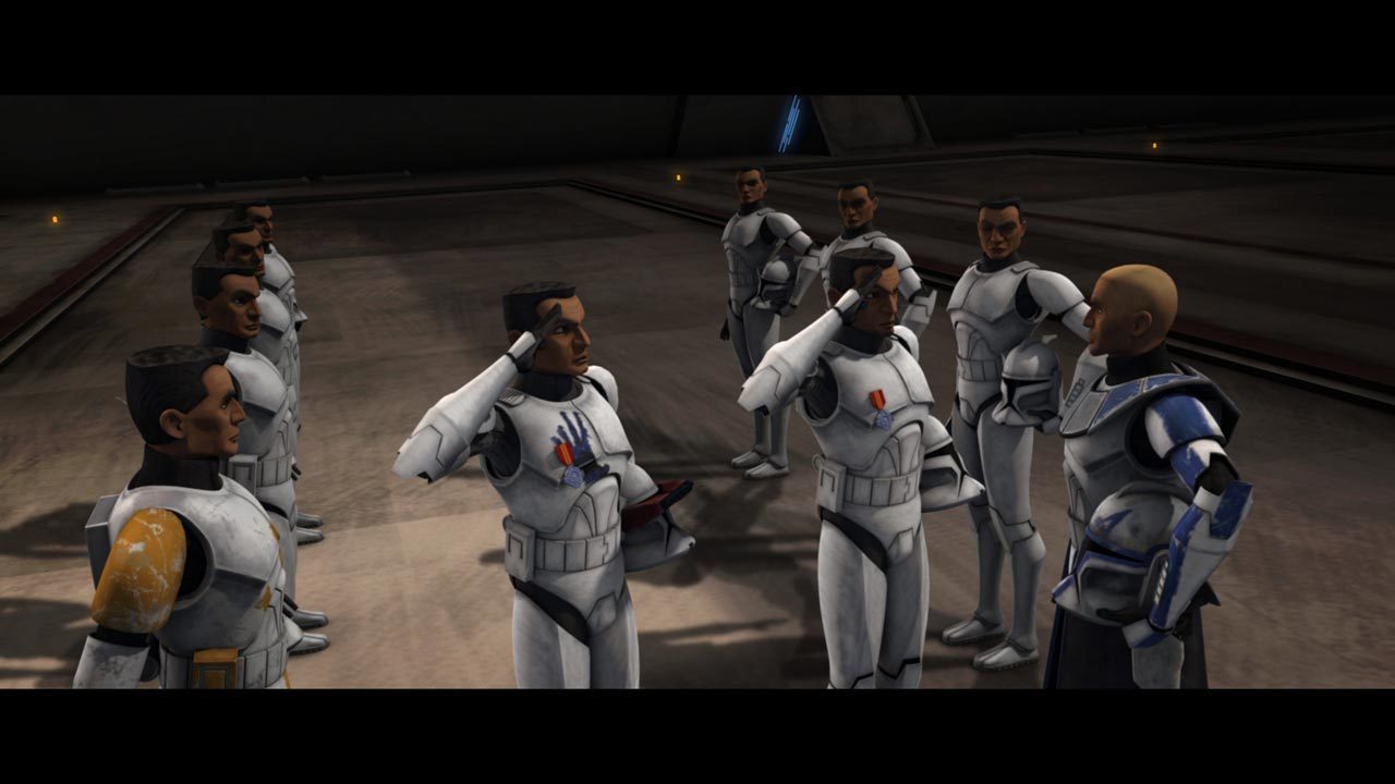 Rex and Commander Cody arrived to inspect a unit of rookie clone troopers at a listening post on ...