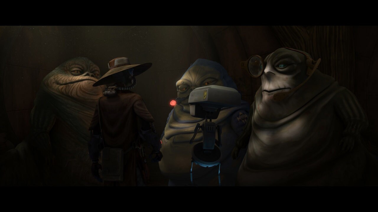 Gardulla and two other Hutts discuss Ziro's escape, suspecting the Jedi are to blame. Cad Bane th...