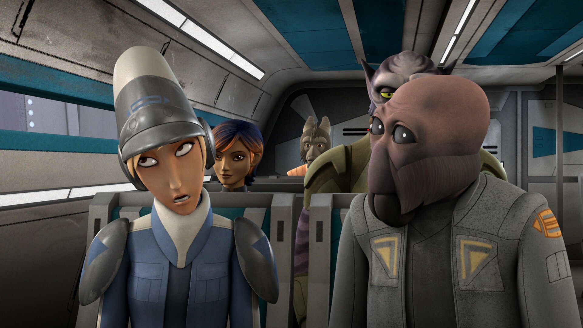 They arrive at a spaceport and board a star commuter shuttle; per Kanan's plan, they pretend to b...