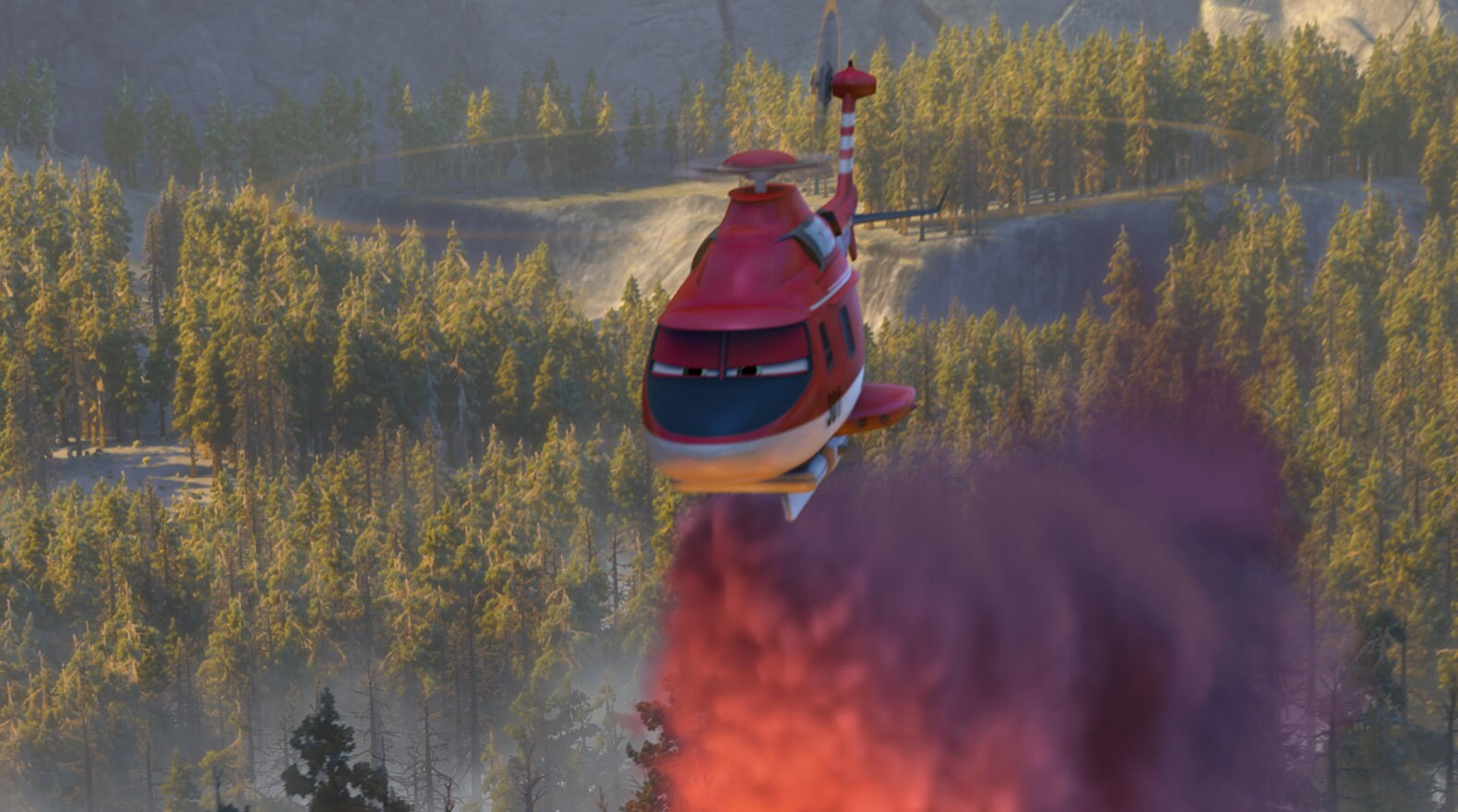 Blade Ranger (Ed Harris) flying over a forest fire.