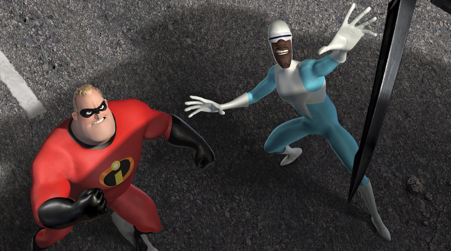 Mr. Incredible and his friend Frozone in "The Incredibles"