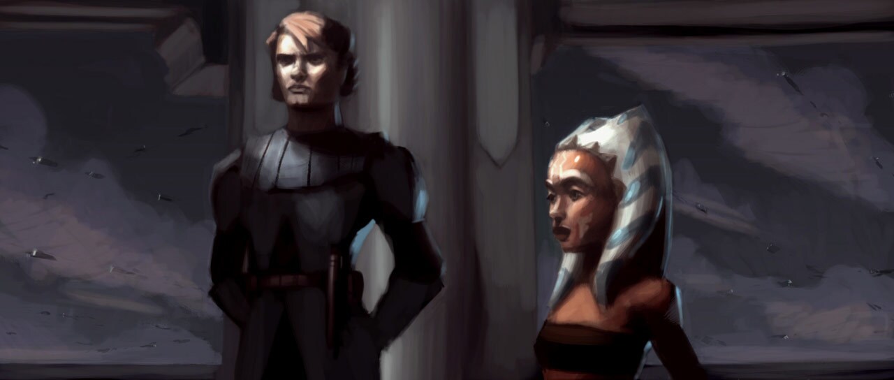 Lighting concept of Anakin and Ahsoka being debriefed by the Jedi Council