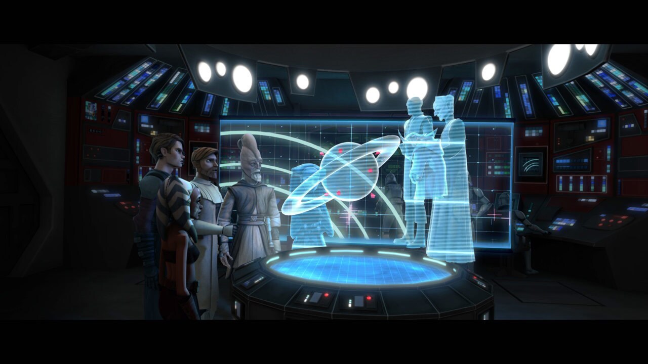In the war room they are joined via hologram by Yoda, Mace Windu, Chancellor Palpatine, and Lumin...