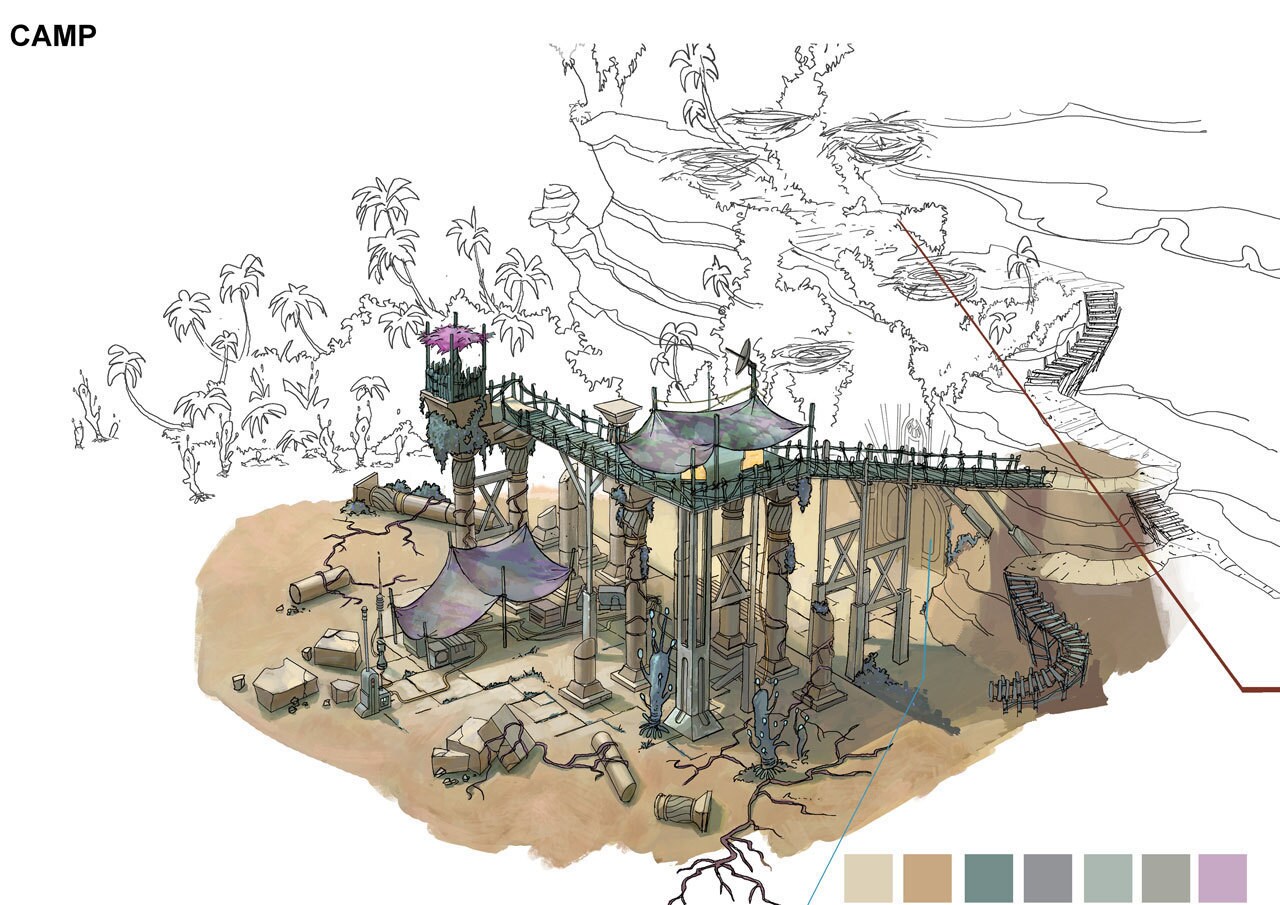 Onderon nest camp environment design illustration by David LeMerrer.