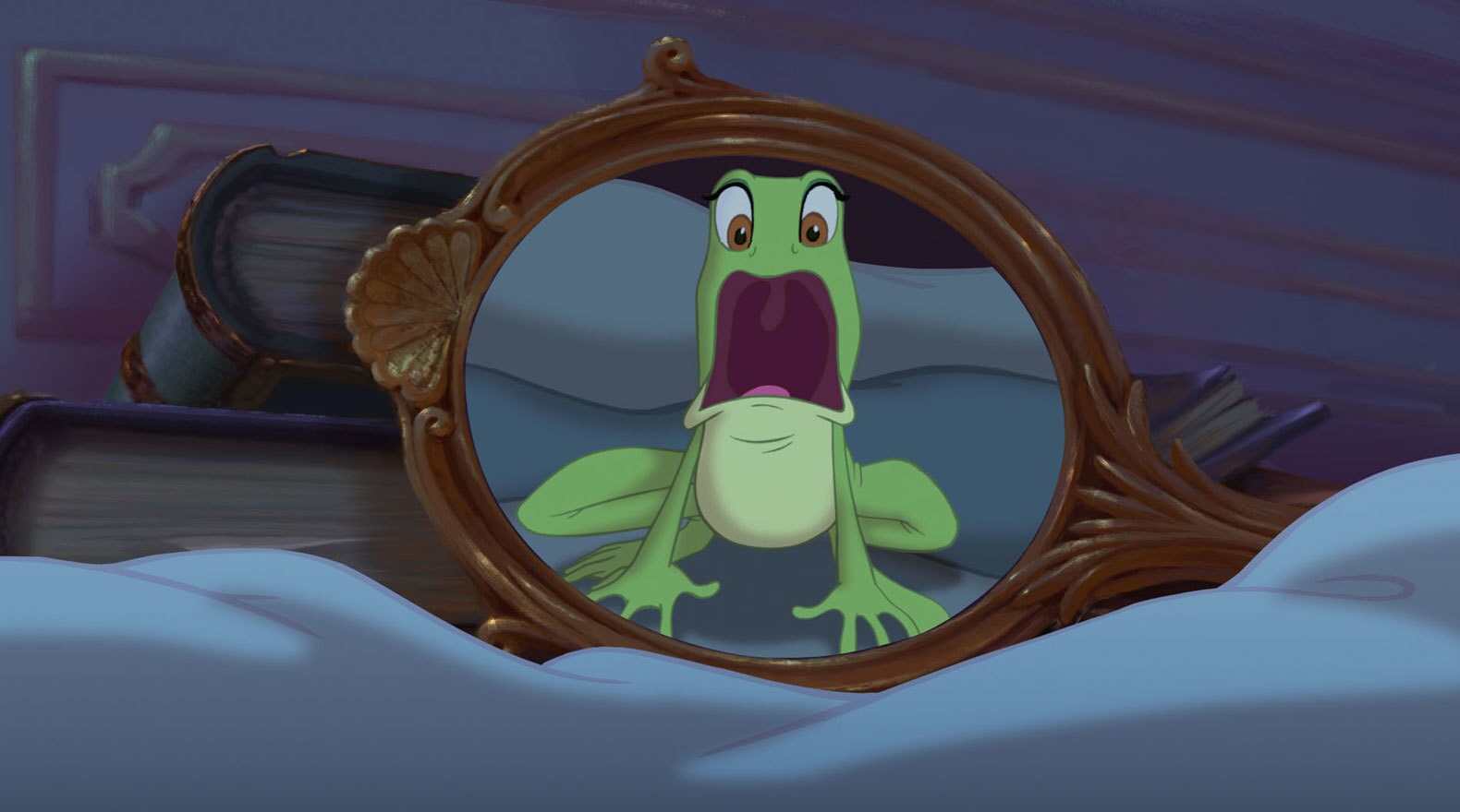 Tiana as a frog looks at herself in a mirror