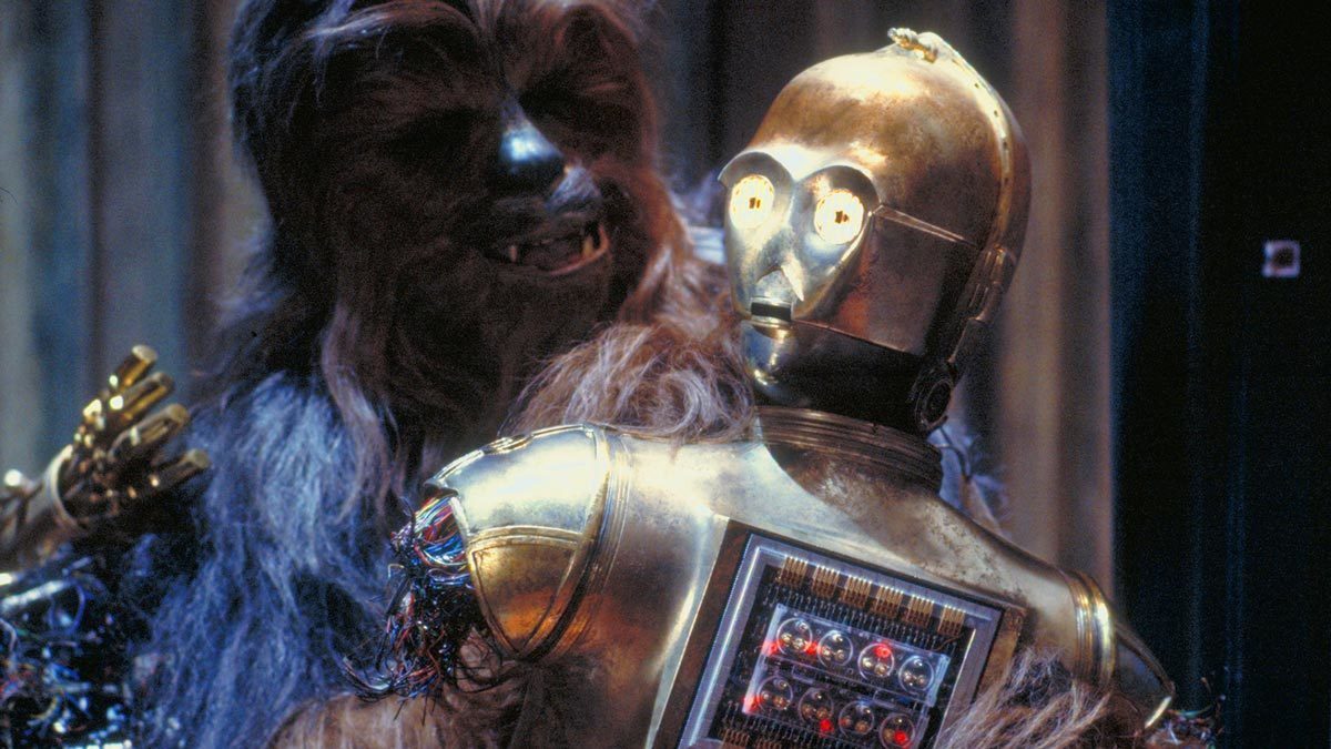 Chewbacca carrying a dismembered C-3PO in Cloud City