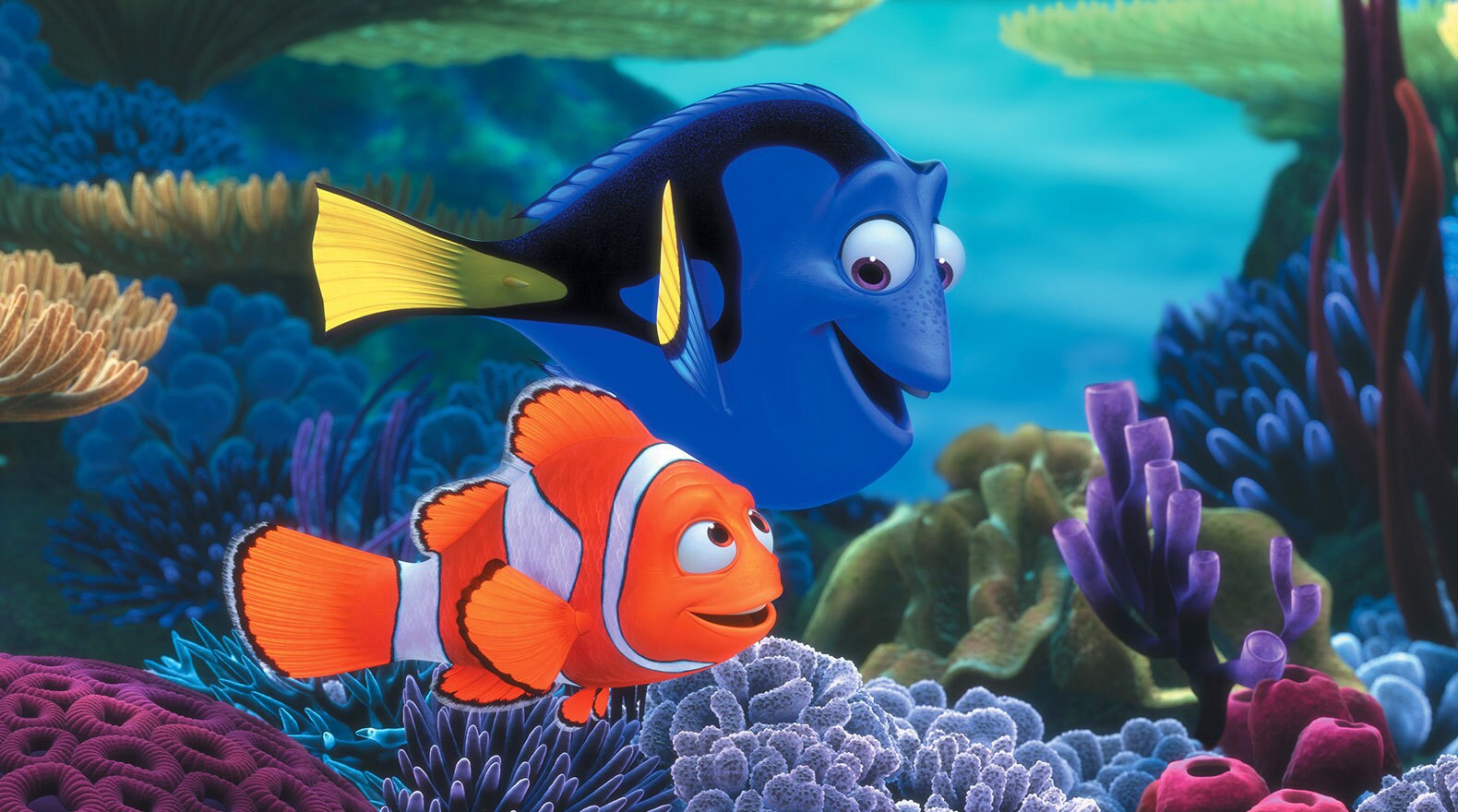  Marlin (Albert Brooks) and Dory (Ellen DeGeneres) swimming amongst the coral reef in "Finding Nemo"