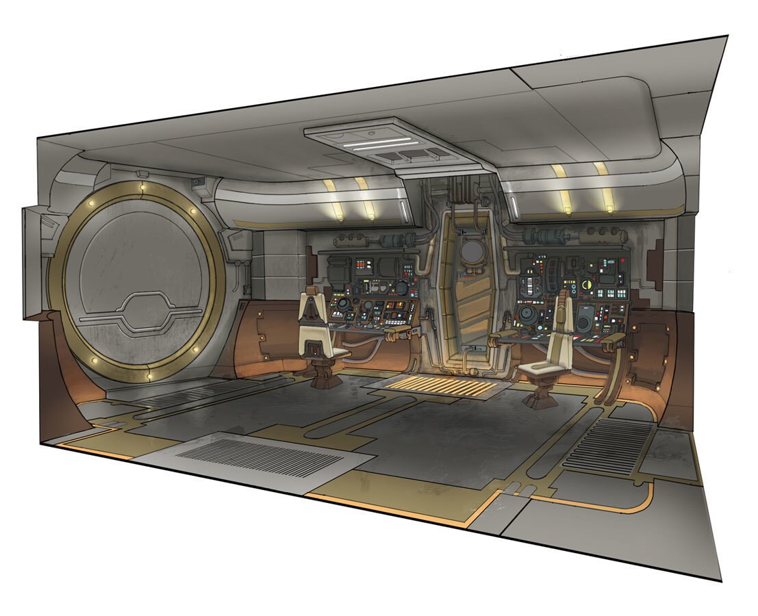 Crucible engineering room environment design illustration by Andre Kirk.