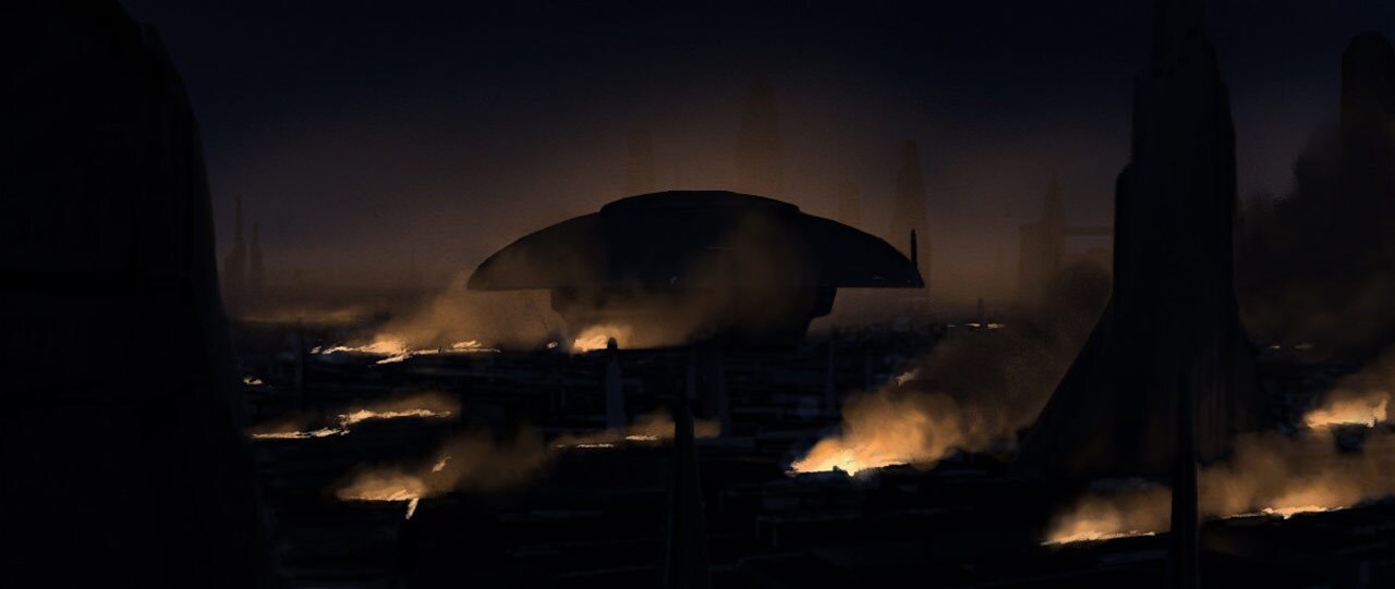 Concept art of Coruscant on fire