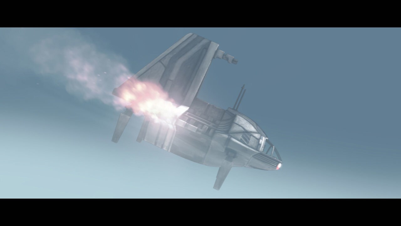 A blast from the shuttle's cannons clips Dooku's sailer, and its flight path begins to curve towa...