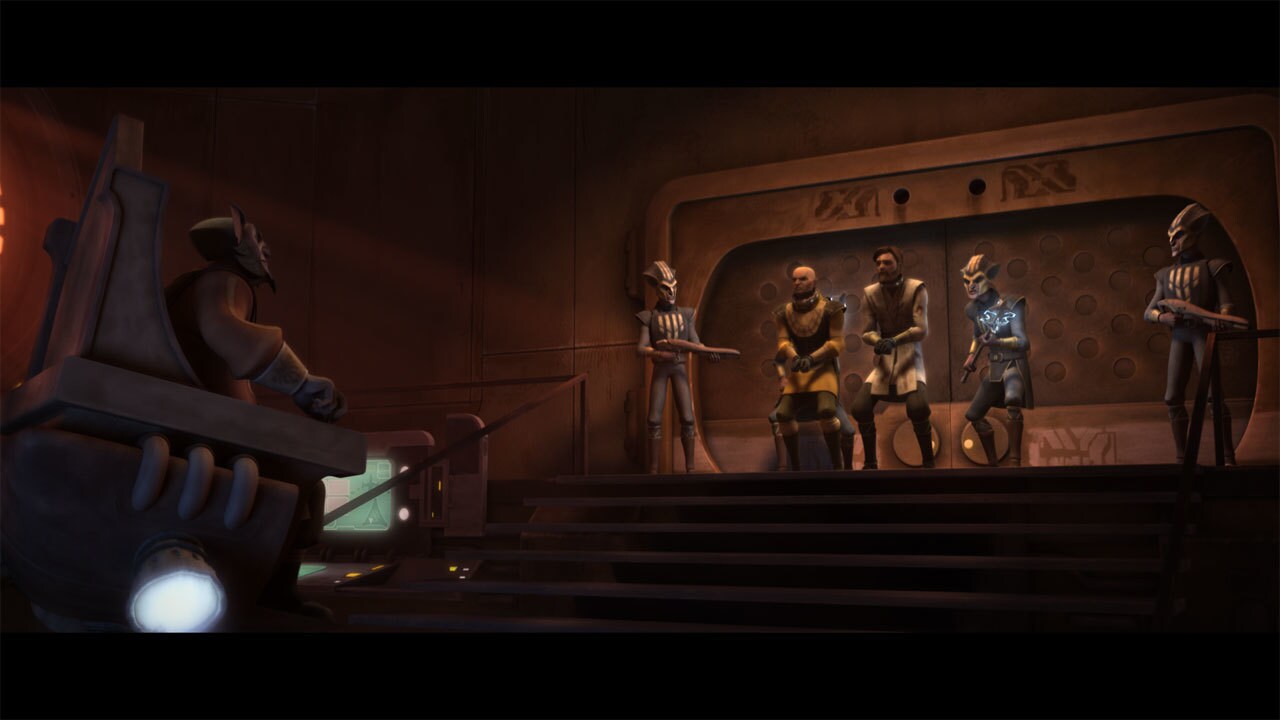 In the control room of the Kadavo facility, Obi-Wan and Rex are marched in front of Keeper Agruss...