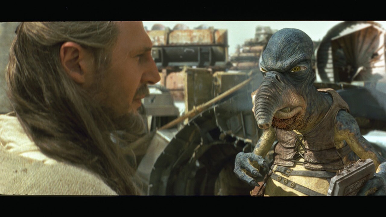 Qui-Gon finds the parts he needs to repair the ship in Watto's junk shop, but the shifty Toydaria...