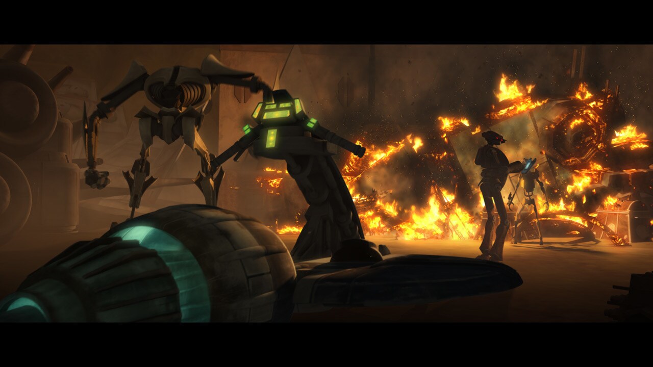 The prison break erupts into a firefight that sends battle droids scattering. OOM-87 calls in an ...