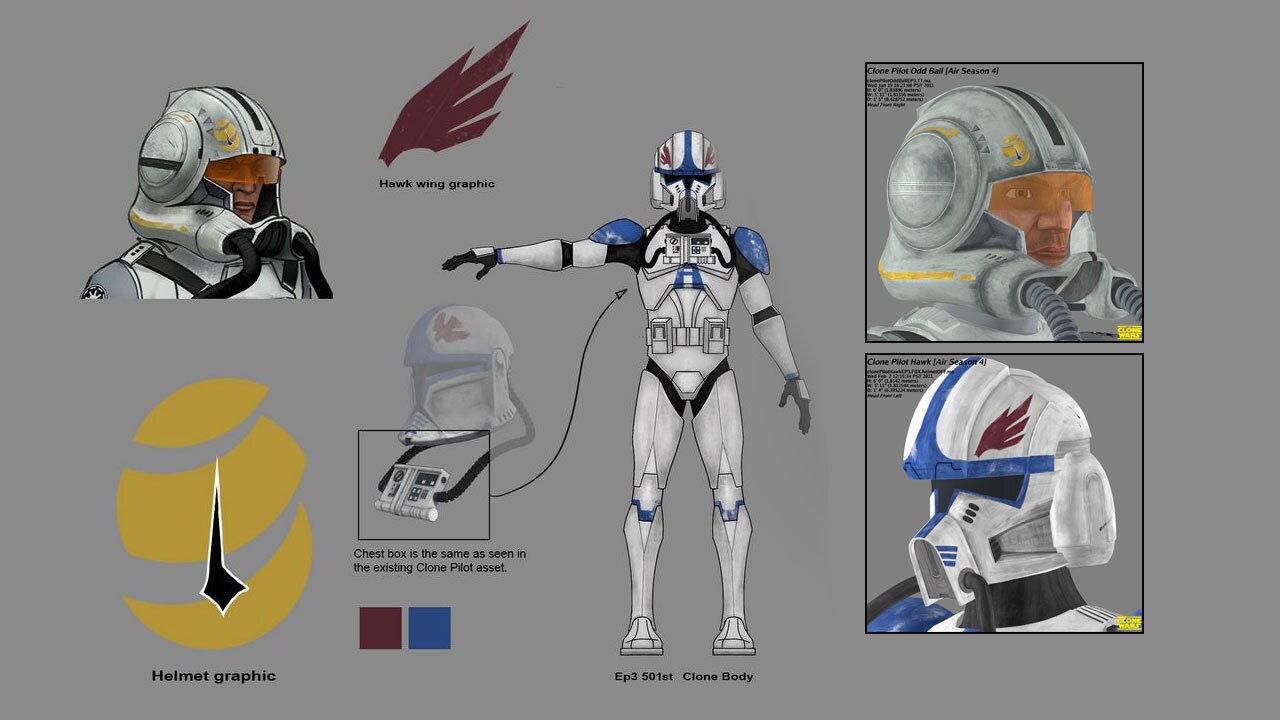 Clone pilots Hawk and Odd Ball underwent redesigns for this episode, though they are not clearly ...