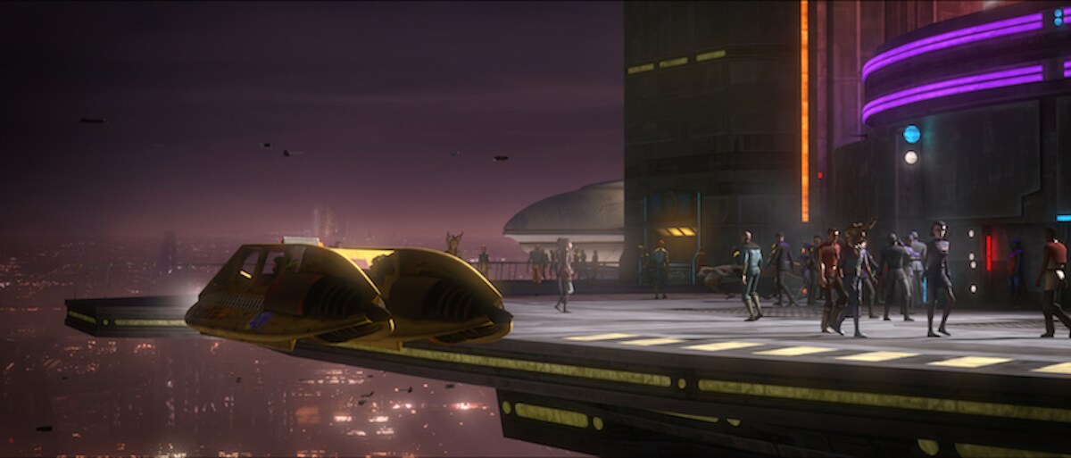 A taxi hovers in front of a Clone bar on Coruscant