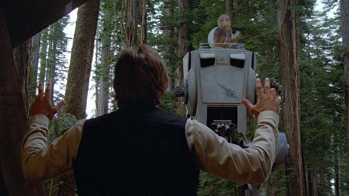 Chewbacca rescues Han Solo in an AT-ST on Endor