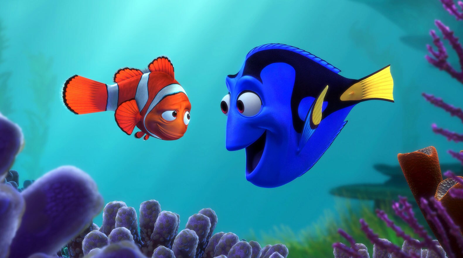 Marlin (Albert Brooks) looking quizzically at Dory (Ellen DeGeneres) surrounded by coral reef in "Finding Dory" 