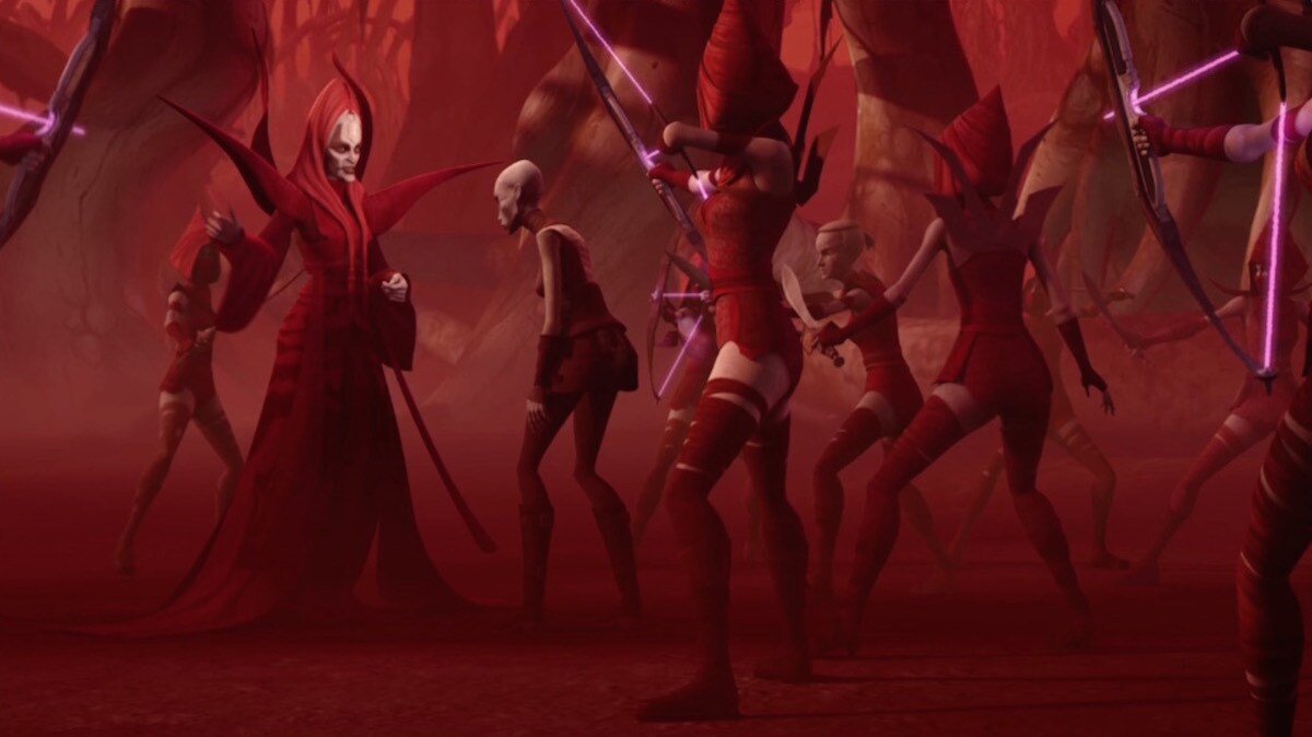 Mother Talzin and the Nightsisters cautiously surrounding Asajj Ventress