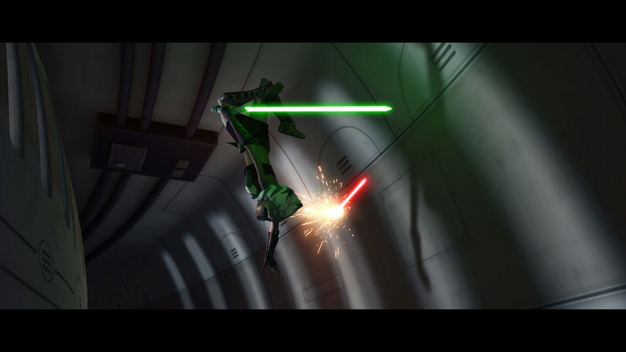 Ahsoka spots something in the balcony and runs to see if it's Aurra Sing. She uses her Force powe...