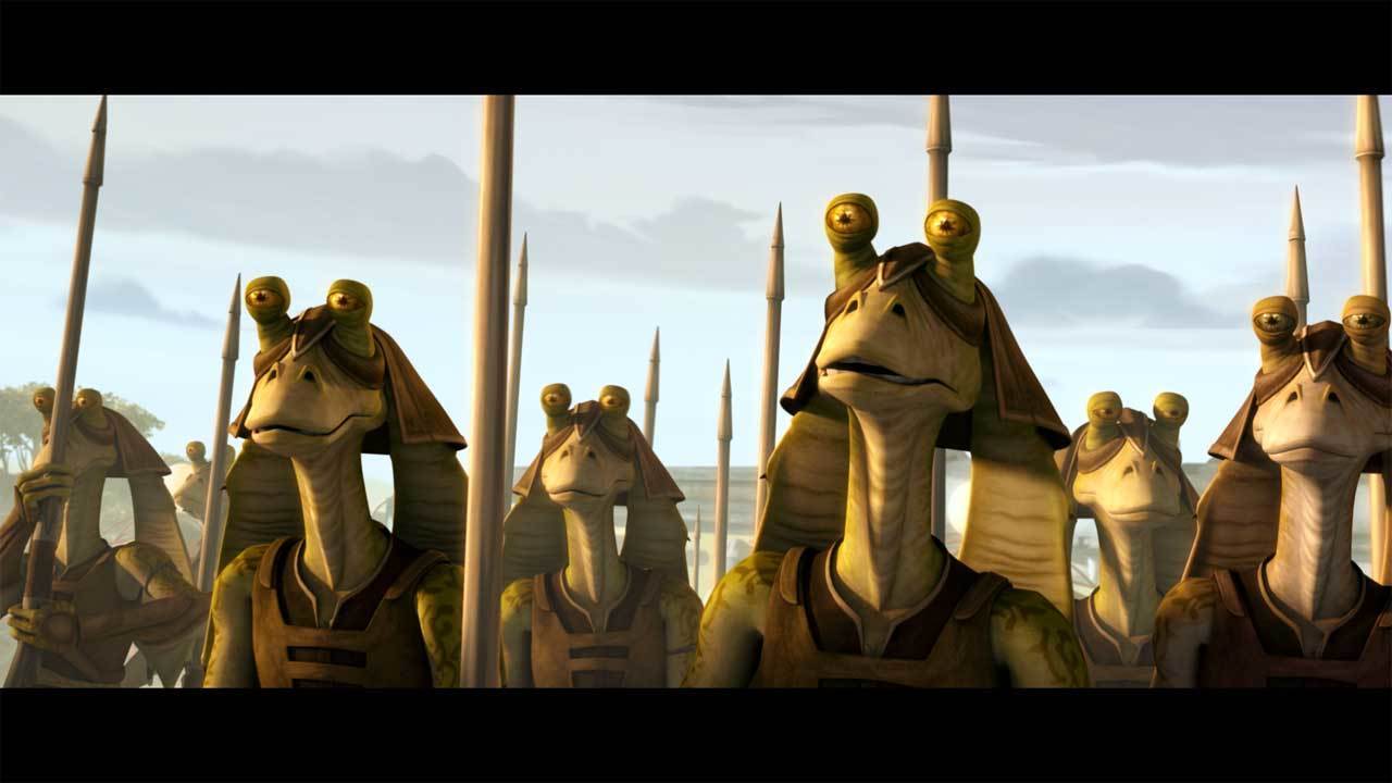 At the swamp surface, Rish Loo has rallied the Gungans, breaking the tragic news of Boss Lyonie's...