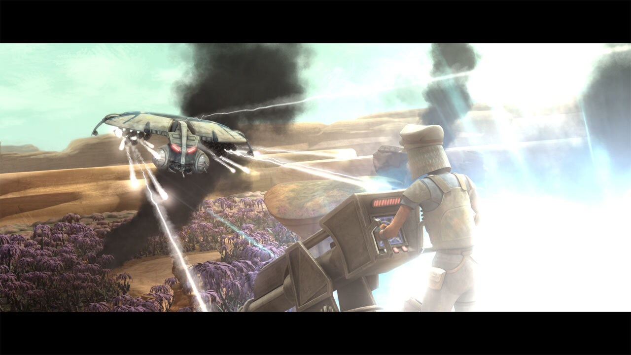 The arrival of droid gunships breaks the rebel lines. Swarms of Separatist rockets shred through ...
