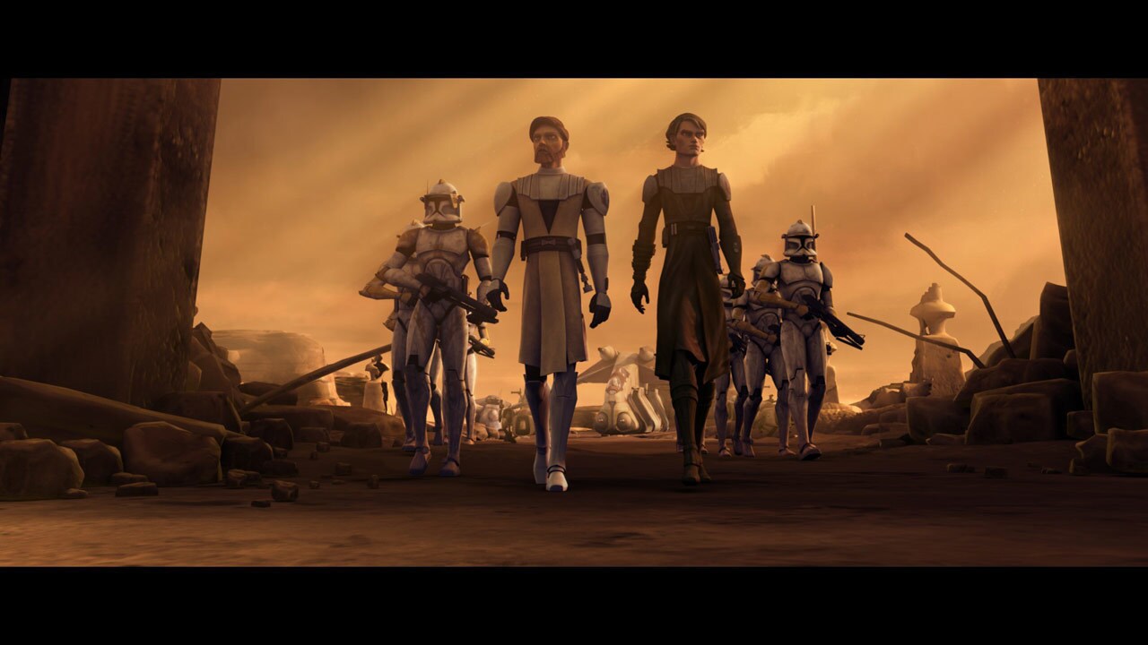 When the storm has cleared, a Republic gunship drops Commander Cody, his squad, Anakin and Obi-Wa...