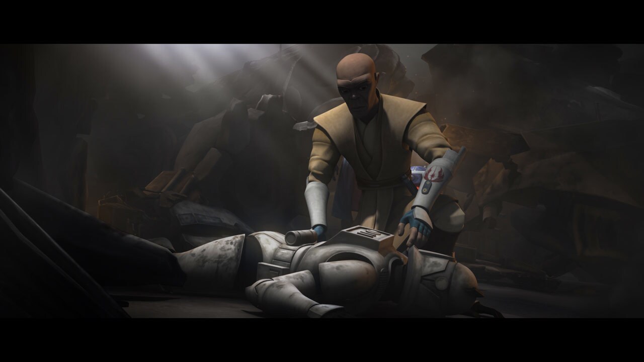 Inside the shattered hull, Artoo finds the bodies of two dead clones. Mace inspects them, finding...