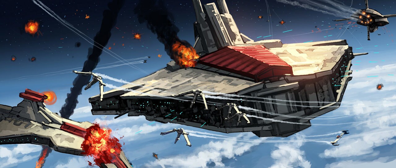 Concept art of the Resolute under attack in orbit over Quell