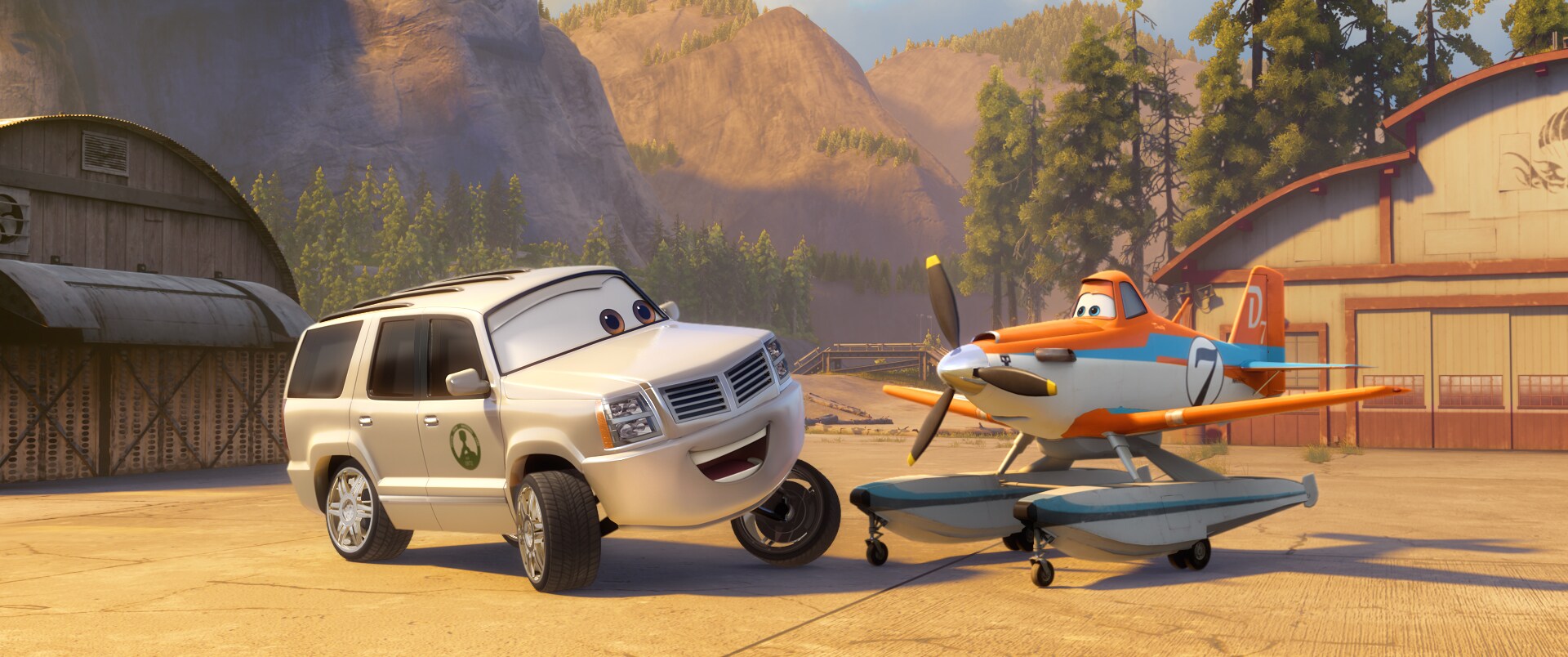 Cad Spinner (John Michael Higgins) and Dusty (Dane Cook) in "Planes: Fire & Rescue"