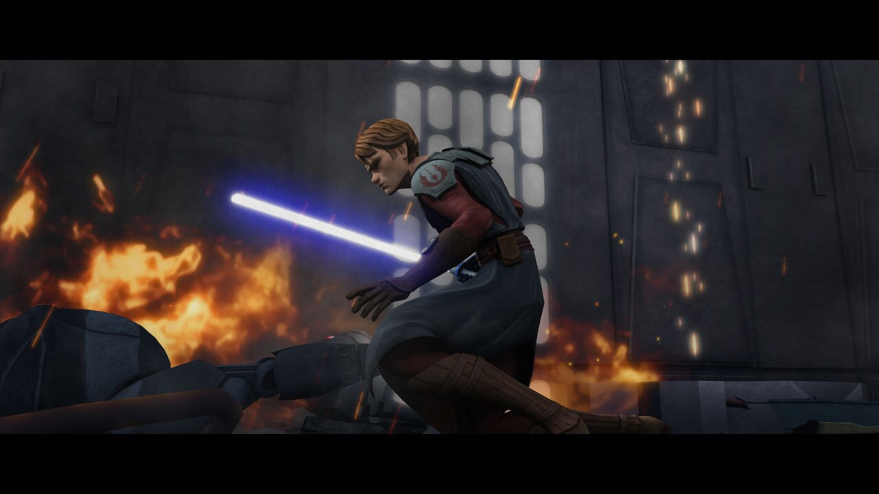 Anakin lands his rocket droid in a hull breach and continues his fight aboard Aayla's ship, not m...
