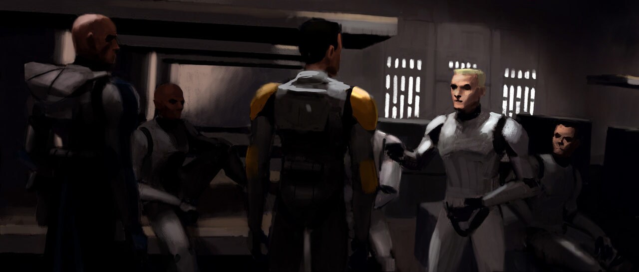 Concept art of Cody and Rex confronting Slick and his troops
