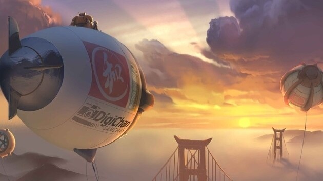 Concept art of Baymax and Hiro on blimp over San Fransokyo bridge for the movie "Big Hero 6"
