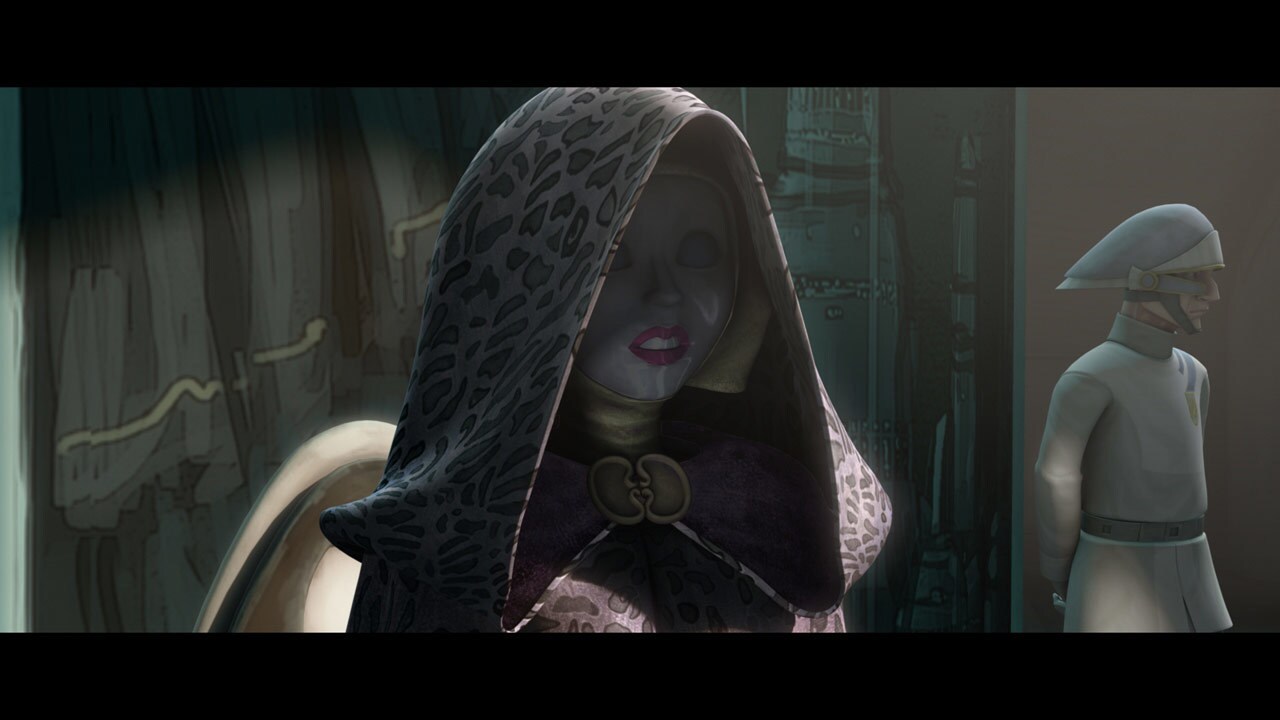 Ahsoka enters the room with Bail Organa, followed by a luxury droid disguised as Senator Amidala ...