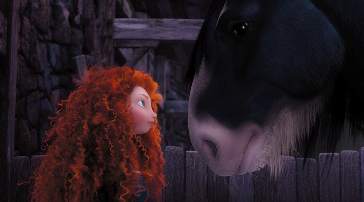 Merida, voiced by Kelly Macdonald, staring at her horse Angus in the movie Brave