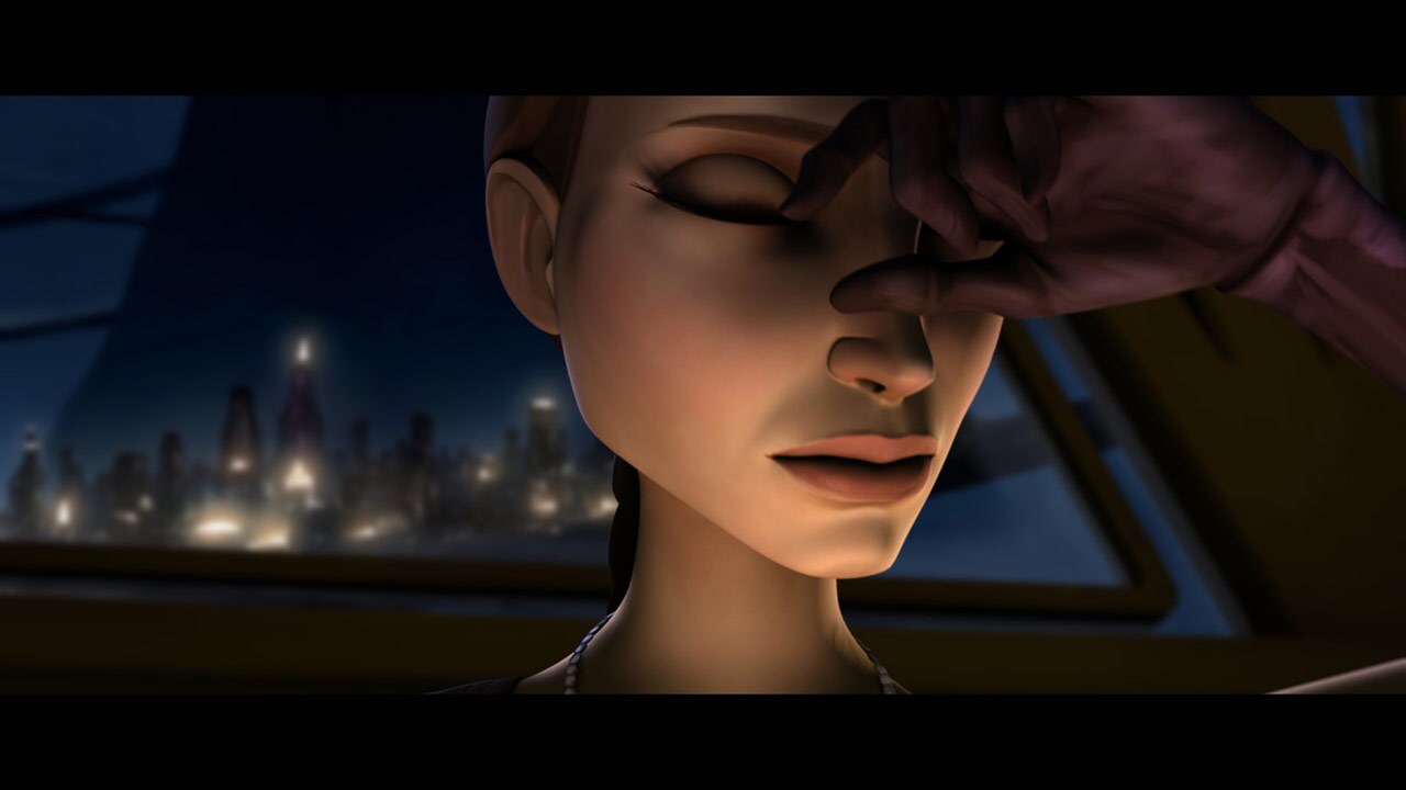After dinner, Padmé begins to feel faint. C-3PO suggests she retire for the night, but Padmé find...
