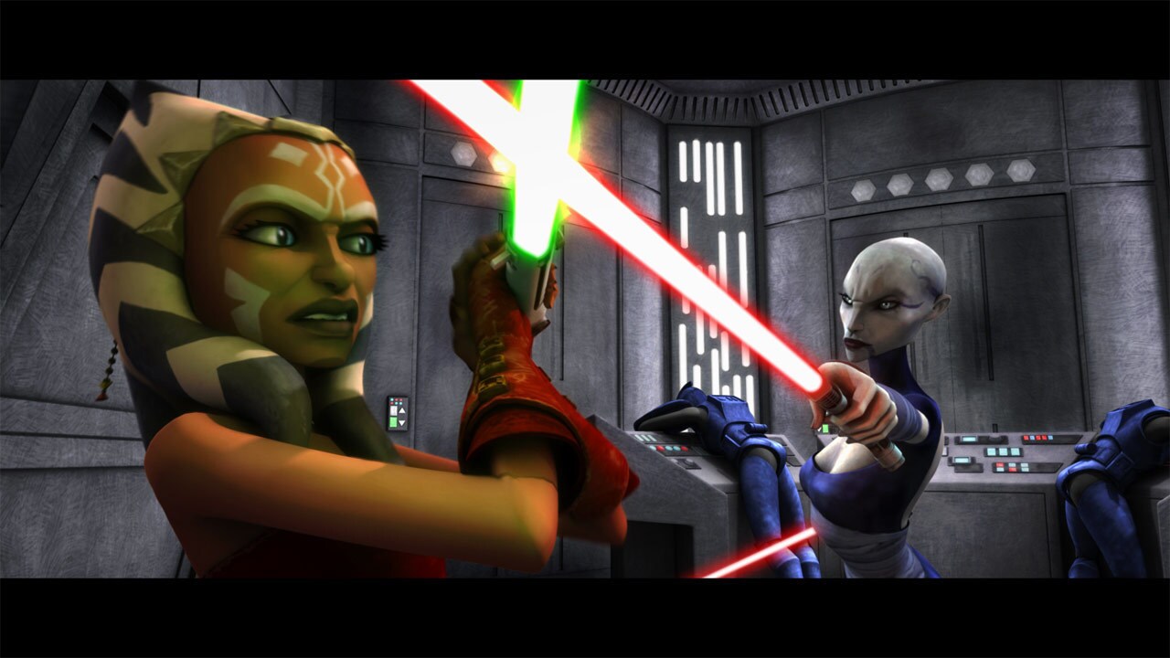 In the detention center, Ventress drops into the room from a hole in the ceiling. Ahsoka ignites ...