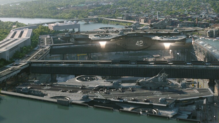 The aircraft carrier rising from the dock from Marvel's Captain America: The Winter Soldier.