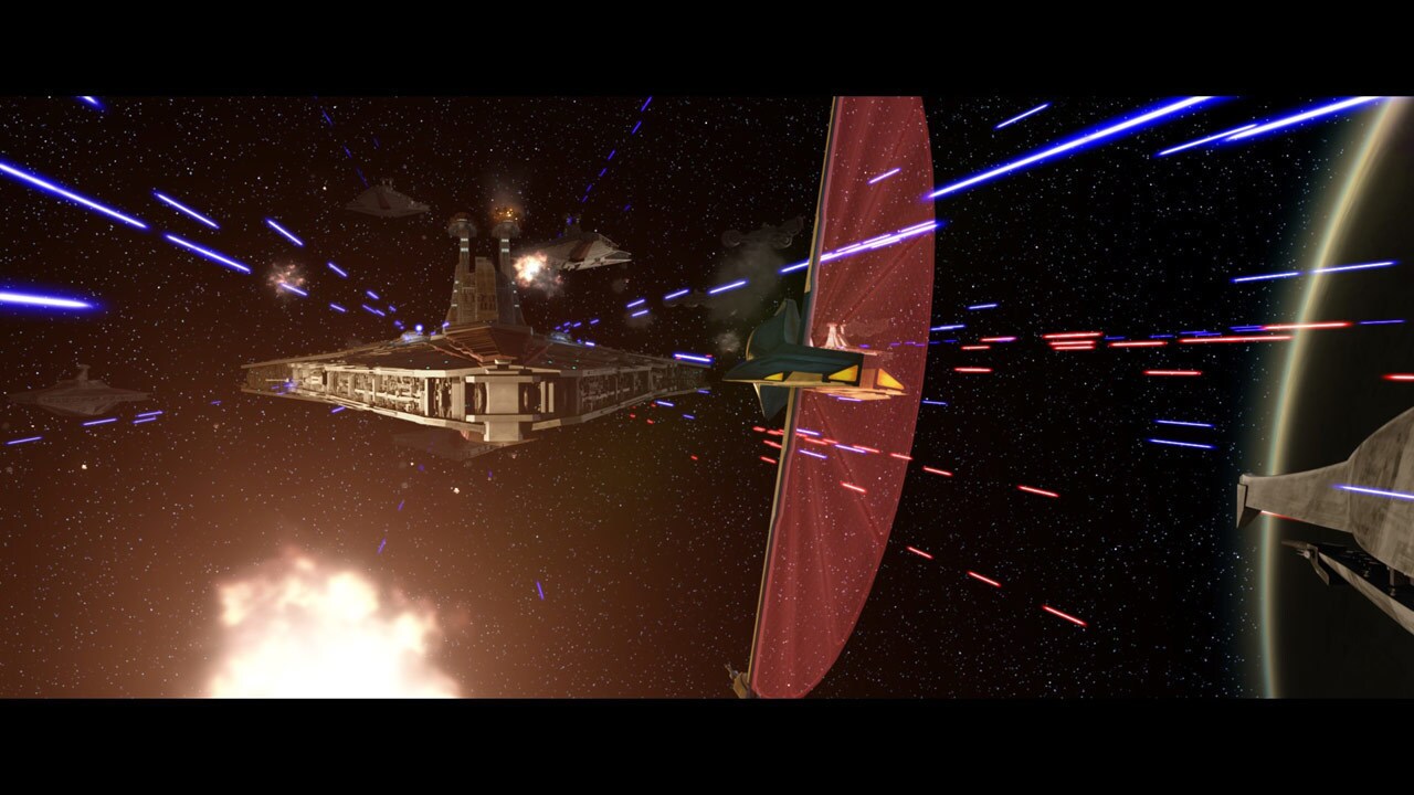 During a space battle over Sullust, Asajj Ventress leads a Separatist starfighter attack against ...