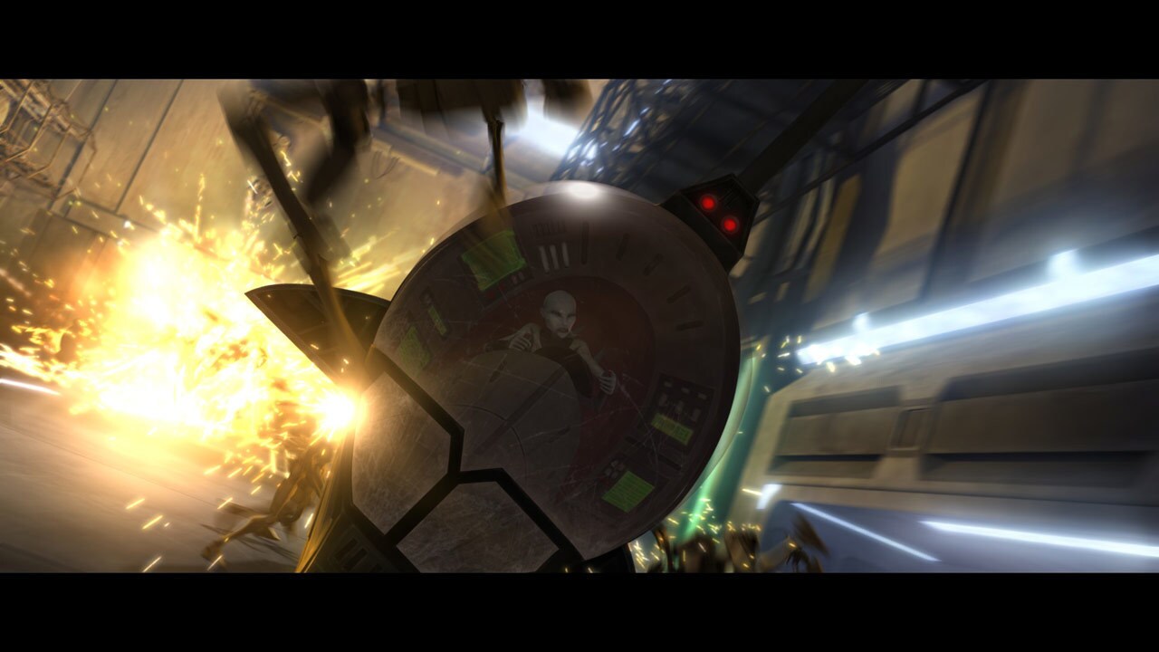 A vulture droid crash lands in the hangar allowing Ventress to break away. Obi-Wan and Anakin qui...