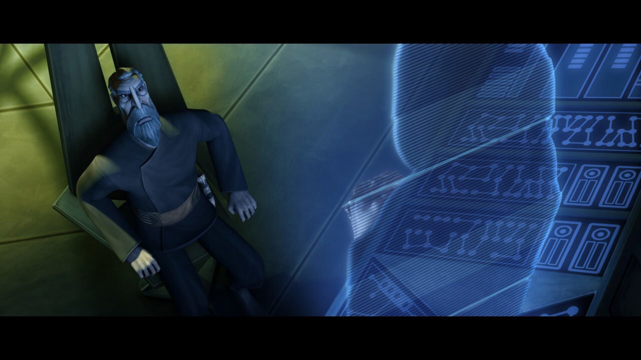 From his palace, Dooku contacts Darth Sidious to inform him that Ventress is dead. Sidious affirm...